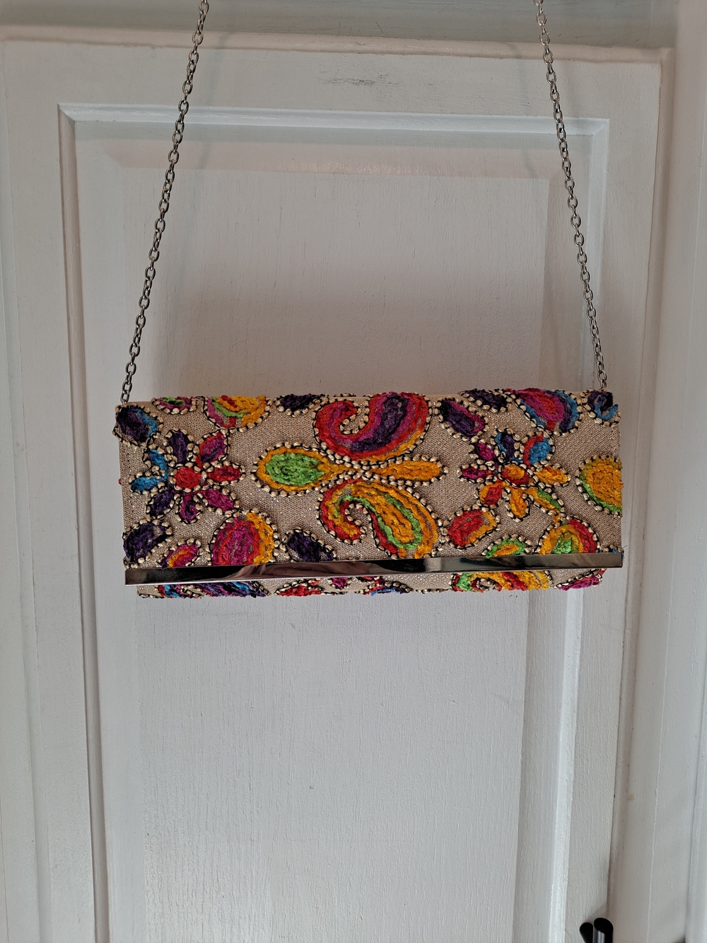 Vibrant Multicolor Embroidered Paisley Floral Crossbody Clutch Gold Sparkle Base